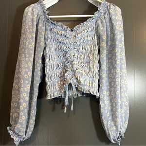 RUE 21 Milkmaid Daisy Flower Crop Ruched Long Puff Sleeve Peasant Top Sz L